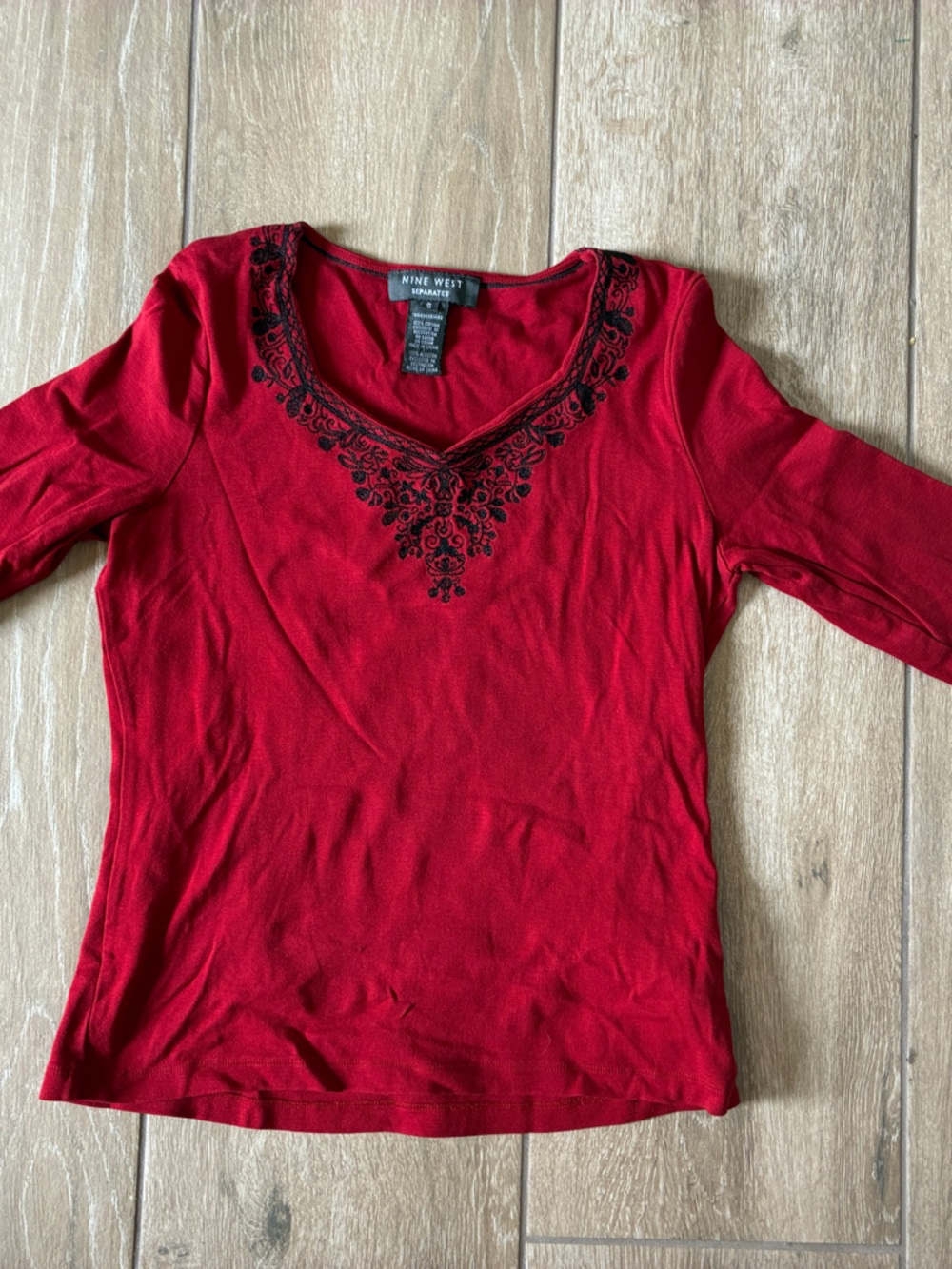 Nine West Red 3/4 Sleeve V-Neck Top with Black Embroidery